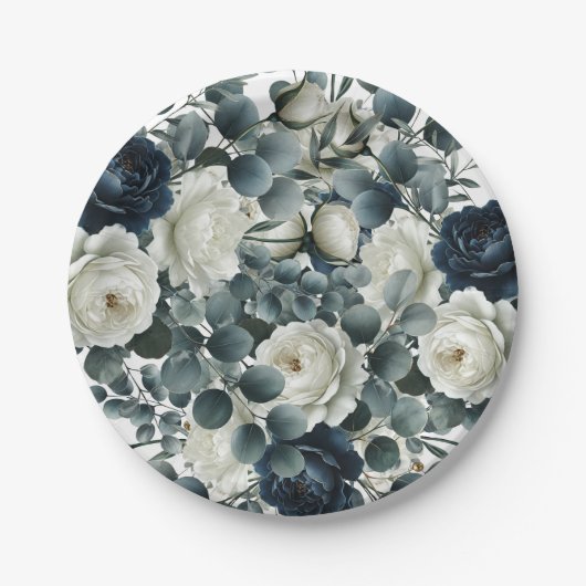Dunkelblau & weiß Moderne Blumengrün Hochzeit Pappteller (Vorderseite)