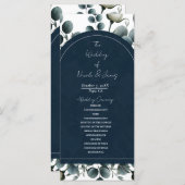 Dunkelblau & weiß Moderne Blumengrün Hochzeit Programm (Vorne/Hinten)