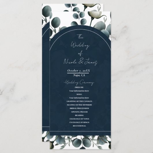 Dunkelblau & weiß Moderne Blumengrün Hochzeit Programm (Vorne/Hinten)