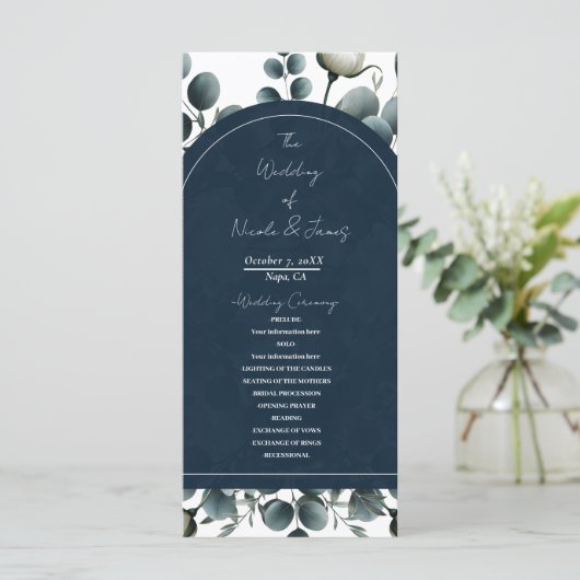 Dunkelblau & weiß Moderne Blumengrün Hochzeit Programm (Stehend Vorderseite)