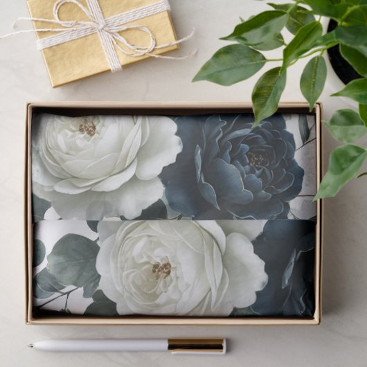 Dunkelblau & weiß Moderne Blumengrün Hochzeit Seidenpapier (Geschenk)