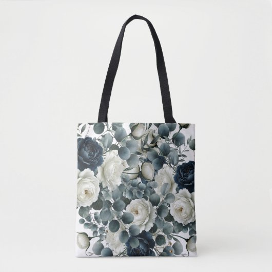 Dunkelblau & weiß Moderne Blumengrün Hochzeit Tasche (Vorderseite)