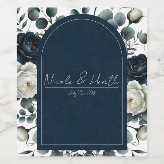 Dunkelblau & weiß Moderne Blumengrün Hochzeit Weinetikett (Einzelnes Label)