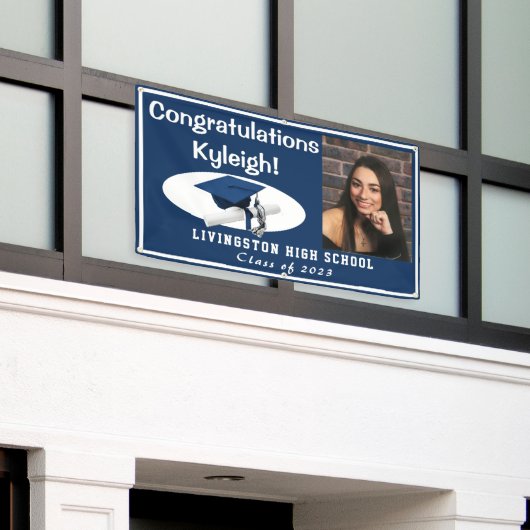 Dunkelblau, Weißakzent Vinyl Abschluss Foto Banner (Äußeres Gebäude)