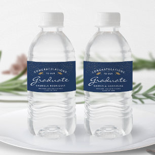 Dunkelblau Weiße Schrift Goldene Kappe Abschluss Wasserflaschenetikett