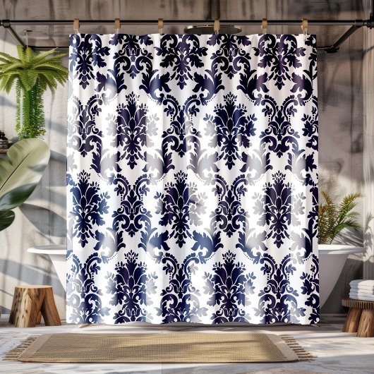 Dunkelblau-weiße Vintage Damasken Duschvorhang