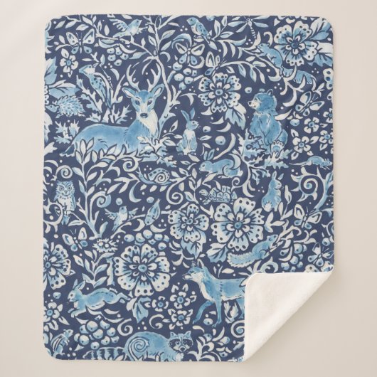 Dunkelblau-weiße Waldtiere Winterkaninchen Sherpadecke (Vorderseite)