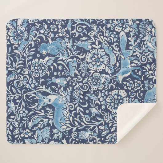 Dunkelblau-weiße Waldtiere Winterkaninchen Sherpadecke (Vorderseite (Horizontal))