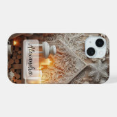 Dunkelblau, weiße Winterlandschaft Palmen Bäume Sc iPhone 15 Hülle (Rückseite (Horizontal))