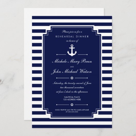 Dunkelblau Weißes nautisches Probe-Dinner einladen Einladung (Vorne/Hinten)