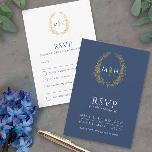 Dunkelblau-Weißgold gezeichnet Blatt-Monogramm-Hoc RSVP Karte