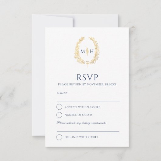 Dunkelblau-Weißgold gezeichnet Blatt-Monogramm-Hoc RSVP Karte (Rückseite)