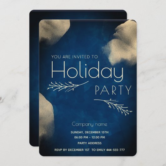 Dunkelblaue Aquarellfeier Einladung (Vorne/Hinten)