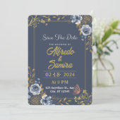 Dunkelblaue Ästhetische Hochzeitseinladungen Einladung (Stehend Vorderseite)