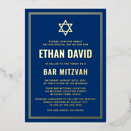 Dunkelblaue Bar mitzvah Stern von David gold oder  Folieneinladung (Vorderseite)