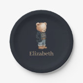 Dunkelblaue benutzerdefinierte Name Teddybär Junge Pappteller (Vorderseite)