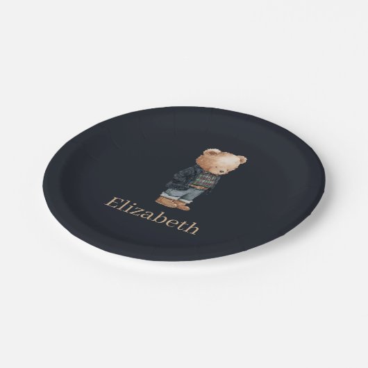 Dunkelblaue benutzerdefinierte Name Teddybär Junge Pappteller (Schrägansicht)