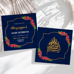 Dunkelblaue Blumen Baby Mädchen Aqiqah Einladung