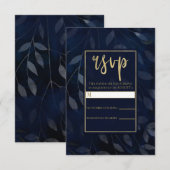Dunkelblaue botanische Blätter Moderne Hochzeitssz RSVP Karte (Vorne/Hinten)