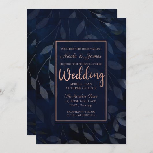 Dunkelblaue botanische Blätter Moderne rosa Hochze Einladung (Vorne/Hinten)