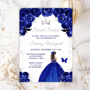 Dunkelblaue braunhaarige Prinzessin Sweet Sixteen Einladung