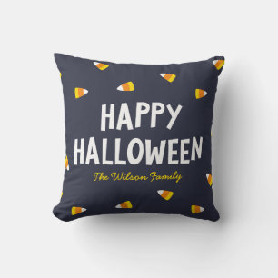 Dunkelblaue Candy Corn Frohes Halloween Kissen