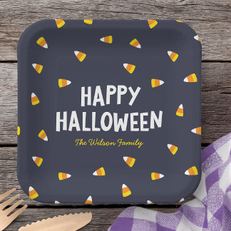 Dunkelblaue Candy Corn Frohes Halloween Pappteller