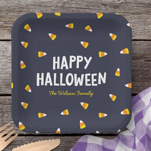 Dunkelblaue Candy Corn Frohes Halloween Pappteller