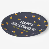 Dunkelblaue Candy Corn Frohes Halloween Pappteller (Schrägansicht)