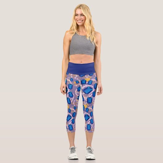 dunkelblaue Edelsteine und Perlmuster Capri Leggings (Vorderseite)