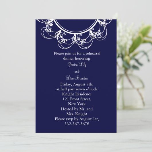 Dunkelblaue Extravagante Monogramm Probe Abendesse Einladung (Stehend Vorderseite)