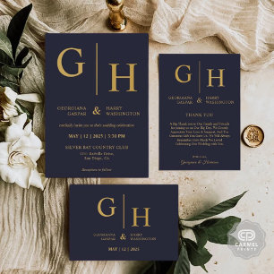 Dunkelblaue Farbe und goldene einfache Hochzeit Dankeskarte
