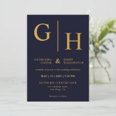 Dunkelblaue Farbe und Schlichte Hochzeit in Gold Einladung (Stehend Vorderseite)