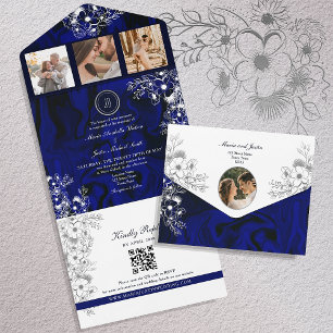 Dunkelblaue Florale QR Foto Hochzeit All In One Einladung