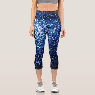 Dunkelblaue, glänzende Imitate Glitzer Glitzern Capri Leggings