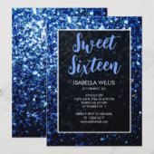 Dunkelblaue Glitzern Sweet 16 elegante Schrift Einladung (Vorne/Hinten)