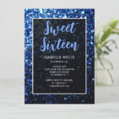 Dunkelblaue Glitzern Sweet 16 elegante Schrift Einladung (Stehend Vorderseite)