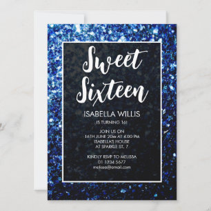 Dunkelblaue Glitzern Sweet 16 elegante Schrift Einladung