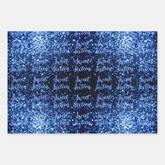 Dunkelblaue Glitzern Sweet 16 elegantes Skriptmust Geschenkpapier Set (Vorderseite)