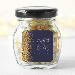 Dunkelblaue Gold Glitter-Rand-Hochzeit Quadratischer Aufkleber