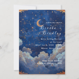 Dunkelblaue & Goldene Himmlische Hochzeit Einladung
