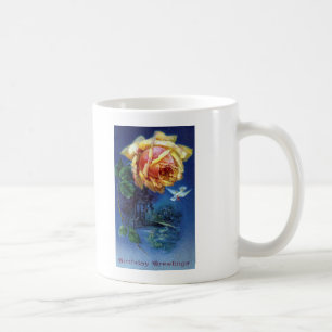 Dunkelblaue Hintergrund-Rose-und-Taube-Postkarte Kaffeetasse
