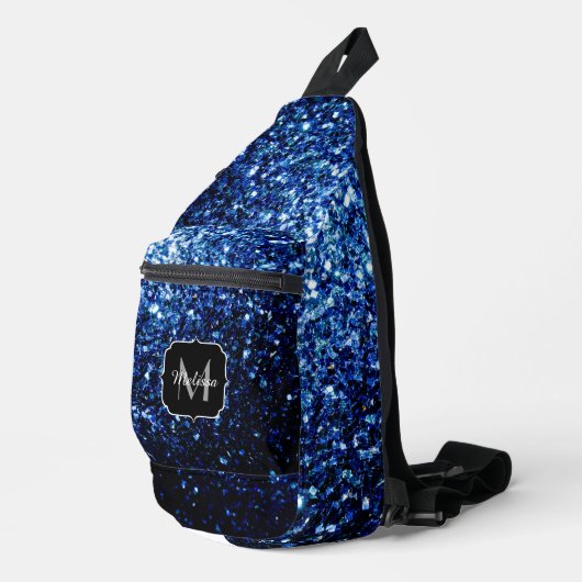 Dunkelblaue Imitate Glitzer Glitzern Monogram Crossbody Bag (Rechte Ecke)