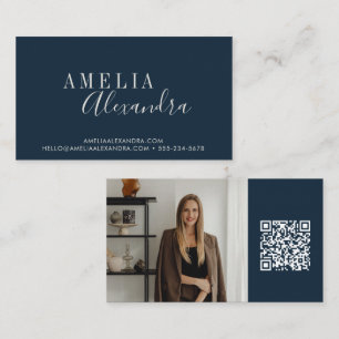 Dunkelblaue Innenarchitekten-Foto-QR-Code-Branding Visitenkarte