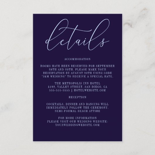 Dunkelblaue Kalligrafie Einfache moderne Details Begleitkarte (Vorderseite)