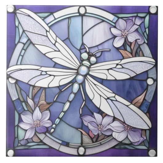 Dunkelblaue Libellen-Buntglas-Blume Fliese (Vorderseite)