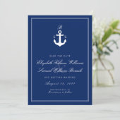 Dunkelblaue Monogram-Save the Date-Karte Save The Date (Stehend Vorderseite)