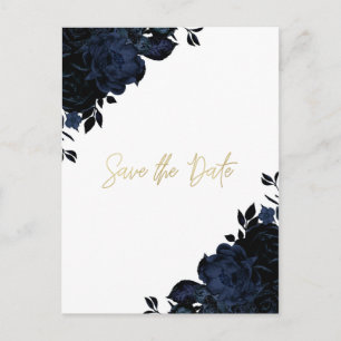 Dunkelblaue Navy-Blumen-Gothic-Save-the-Date-Karte Ankündigungspostkarte