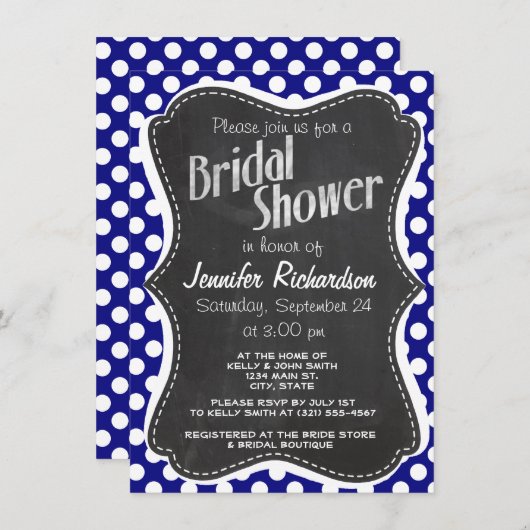 Dunkelblaue Polka-Punkte; Vintage Halbpension Einladung (Vorne/Hinten)