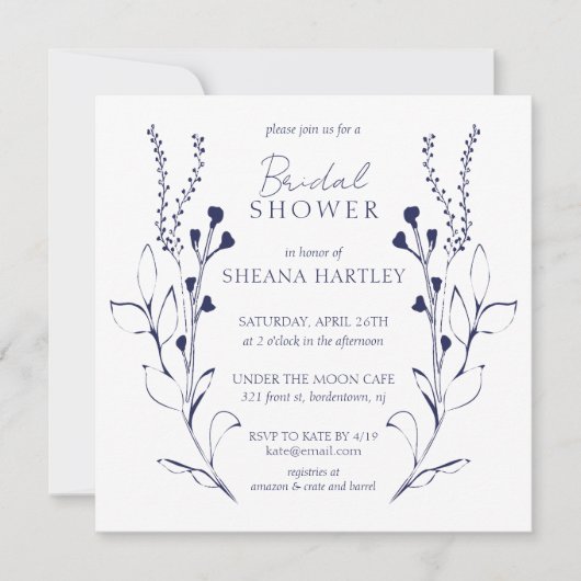Dunkelblaue Reben & Blume Brautdusche Einladung (Vorderseite)